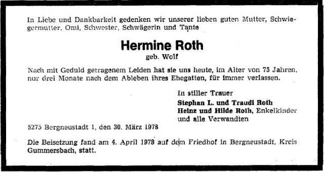 Wolf Hermine 1903-1978 Todesanzeige